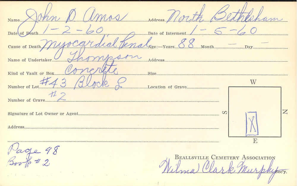 John D. Amos burial card